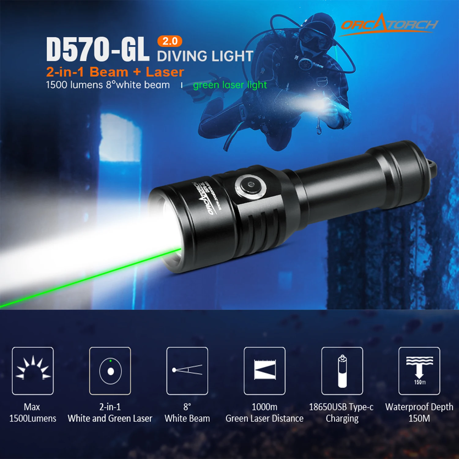 ORCATORCH D570-GL High Power Scuba Diving Flashlight Underwater Lantern Green Laser LED Lamp IPX8 Waterproof Diving Torch Light