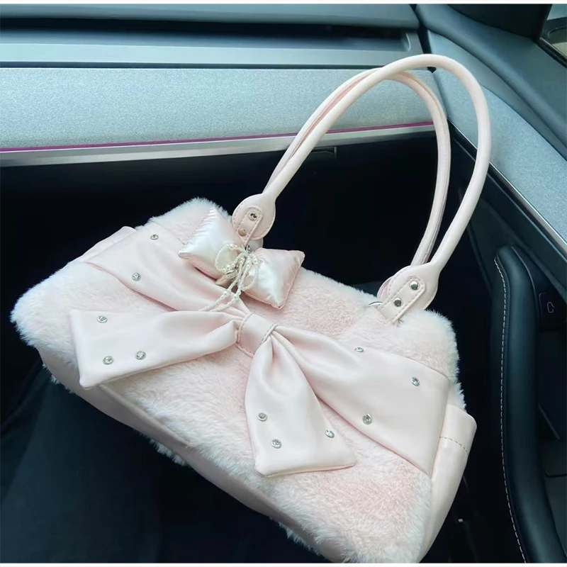 

Pink Plush Bow Handbag, Cute Chic Furry Tote Bag For Women, Large Capacity Slouchy Commuting Bag Lolita Decorative Bag Ita Bag