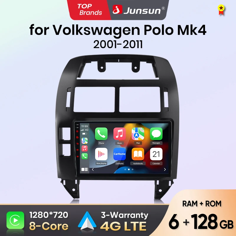 Junsun 9-Zoll Android 15 Autoradio für VW Volkswagen Polo Mk4 2001-2011, kabelloses Apple CarPlay, Auto-IPS-Bildschirm, Stereo-Multimedia-Videoplayer, intelligente Fahrzeugsysteme,