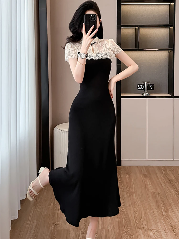 Femmes coréennes Vintage Hepburn Festival longue robe été noir Patchwork blanc dentelle robe transparente 2025 élégant moulante robe de nuit