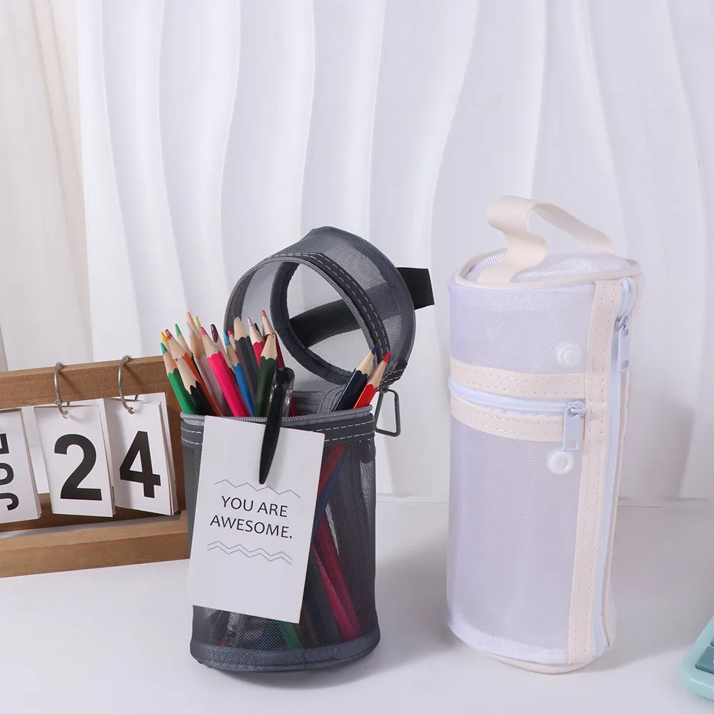 Simple Makeup Brushes Storage Bag Portable Large Capacity Mesh Pencil Case Standable Vertical Stationery Storage Organizer