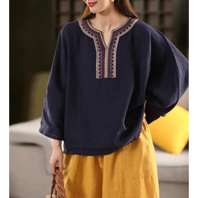 

Ethnic Style Embroidered Cotton and Linen Shirt Women's Retro Seven-quarter Sleeve Shirt Pullover Loose Versatile Top