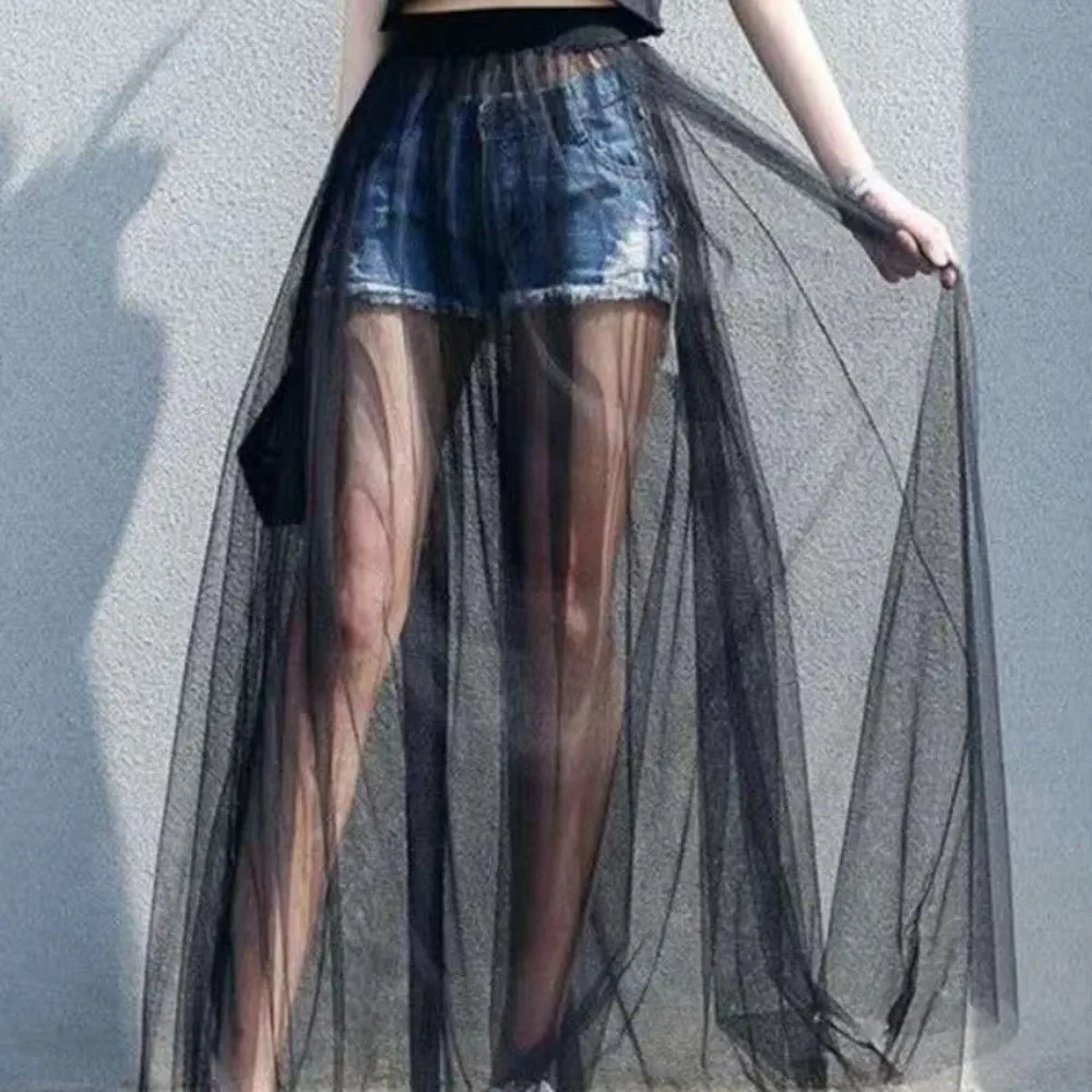 Summer Black Mesh Skirts Single Layer Elastic Waist Transparent Gauze Skirt Long See-through Skirts