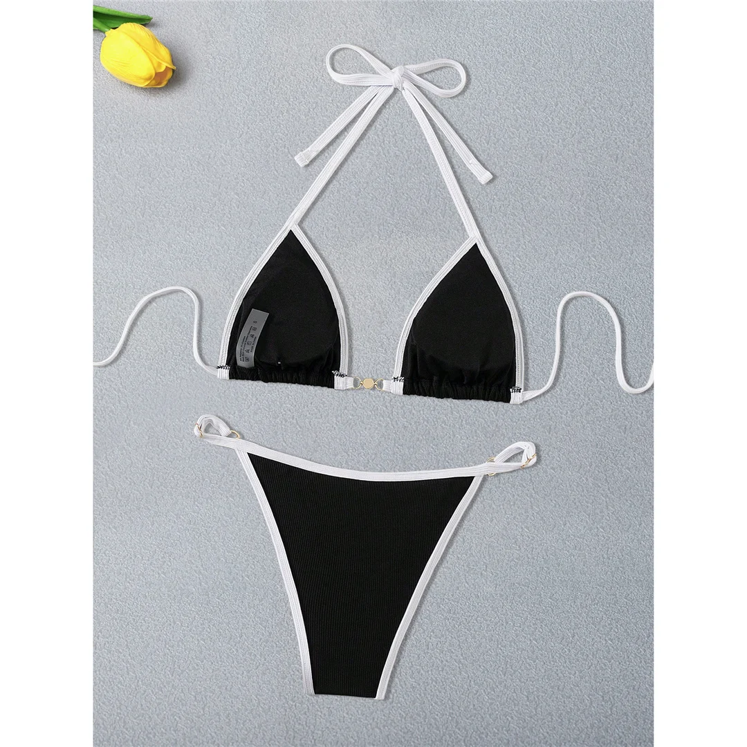 Perlen-Halterneck-Bikini mit hohem Beinausschnitt, zweiteiliger Badeanzug für Damen, gerippter, gepolsterter Badeanzug, Badebekleidung, Badeanzug V6315 – Detail 11