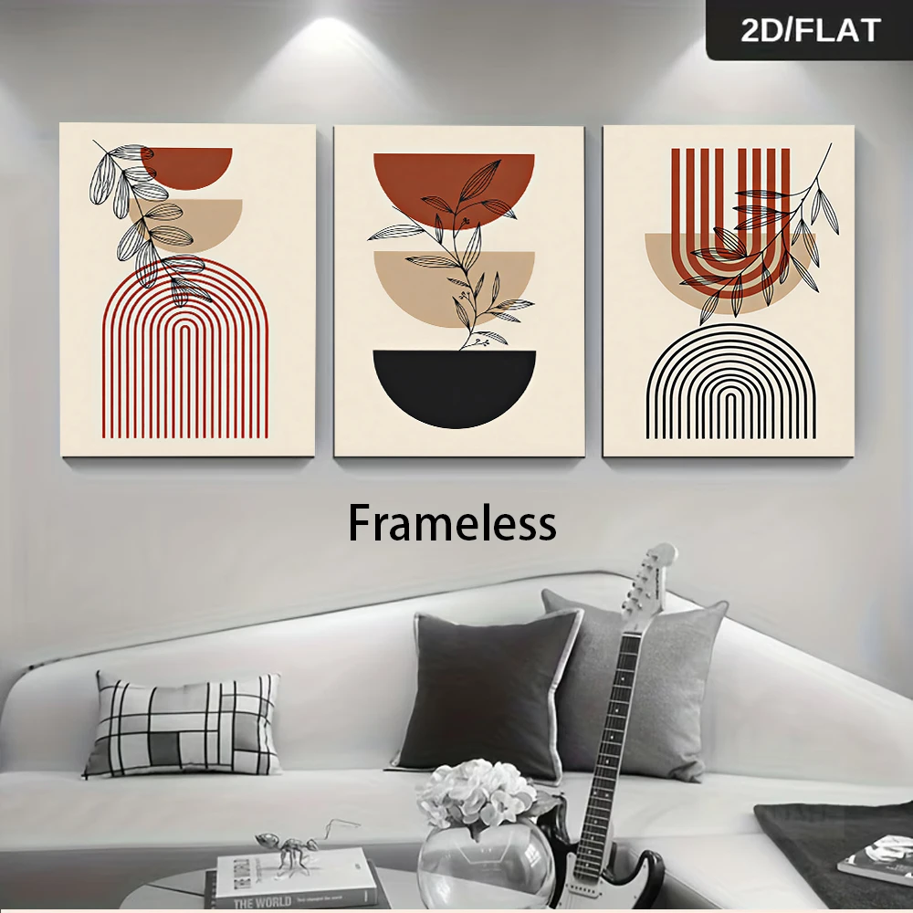 3PCS Large-sized frameless canvas paintings,1 set of modern minimalist geometric plant triptych decorative paintings, abstract l