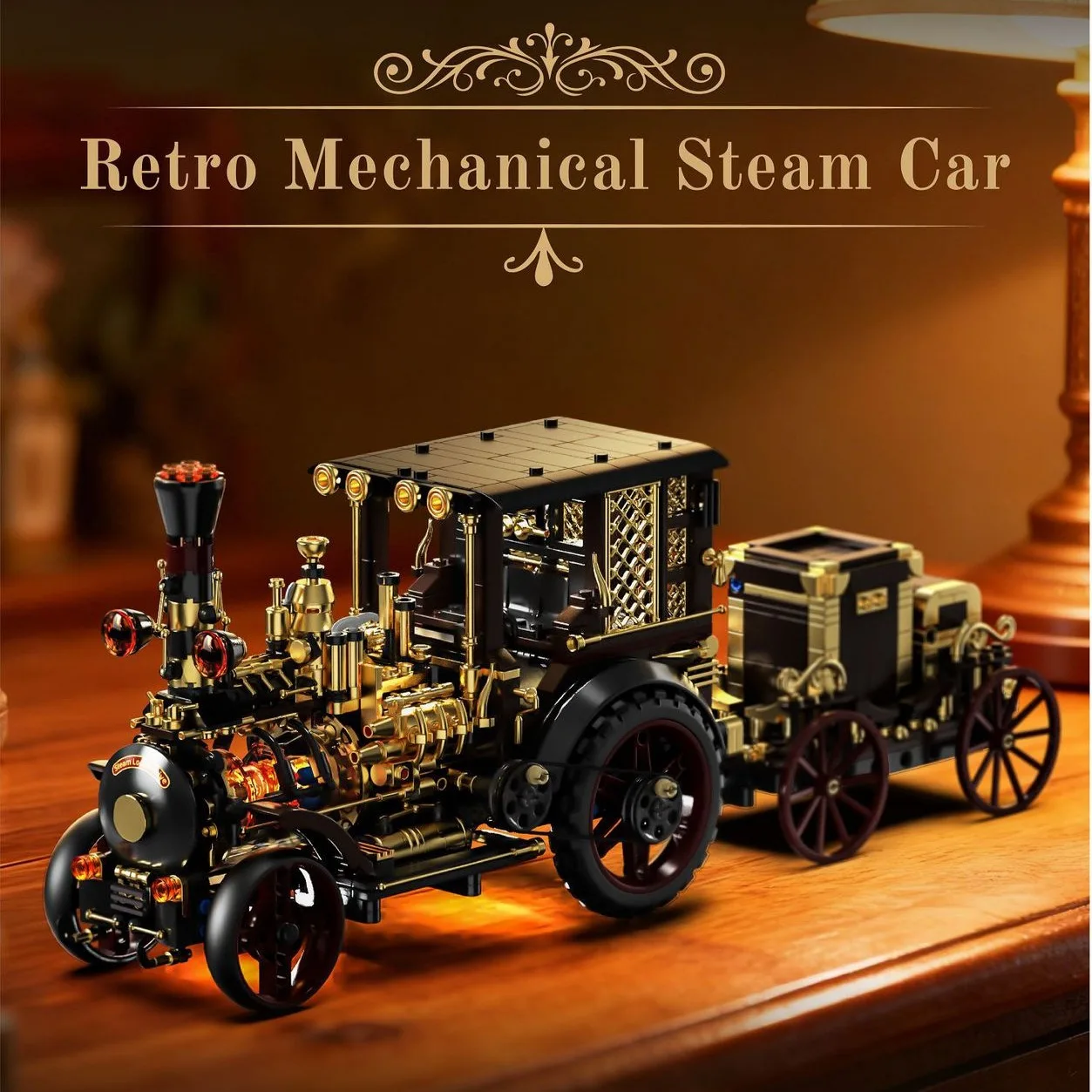 Retro Steam Car Building Blocks 1331PCS Classic Vintage Vehicle Model With Light Effect Art Display Bricks Toy For Gift New