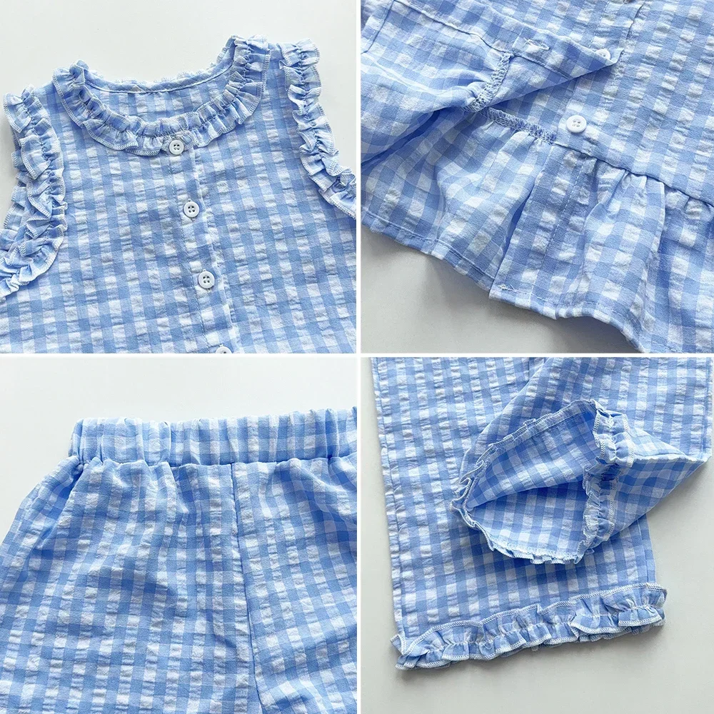 Blue and White Grid Fresh Casual Girls' Clothing Lace Sleeveless Single Breasted Vest+wide Leg Pants Two-piece Set for Summer image 6