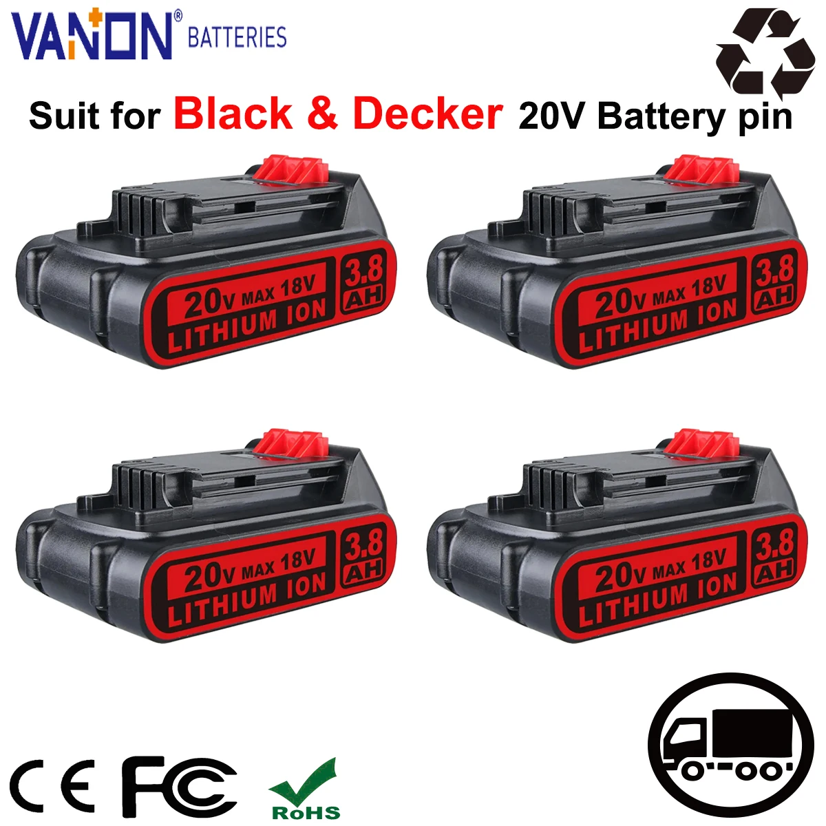 

VANON 1/2/4Pack 3.8Ah LBXR20 Battery Replace for Black & Decker 20V Battery LB20 LBX20 LB2X4020 Cordless Power Tools Battery pin