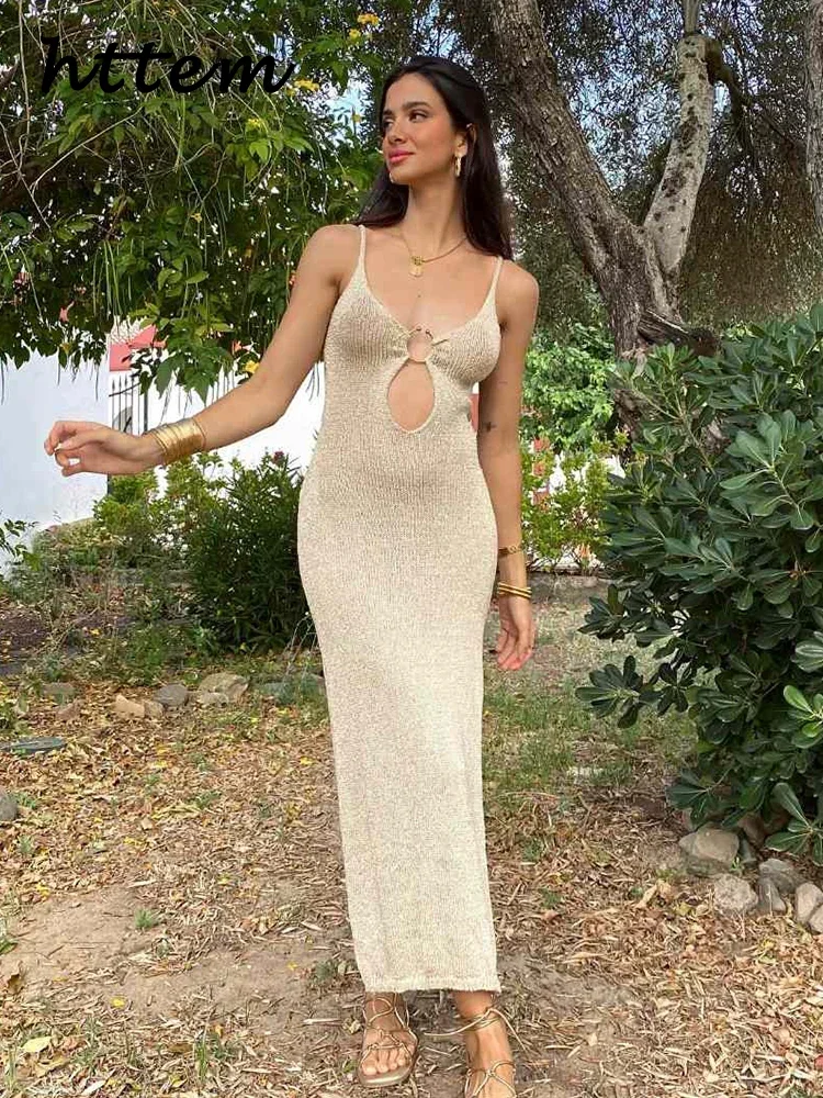 

Sexy Knitted Hollow Out Sling Long Dress Women Slim V-Neck Sleeveless Backless Female Party Dresses 2024 Summer Lady Beach Robes