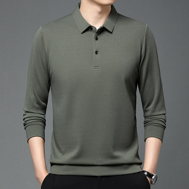 

Spring and Autumn Men's Pullover Polo Button Solid Long Sleeve Formal T-shirt Polo Bottom Fashion Office Lady Casual Tops