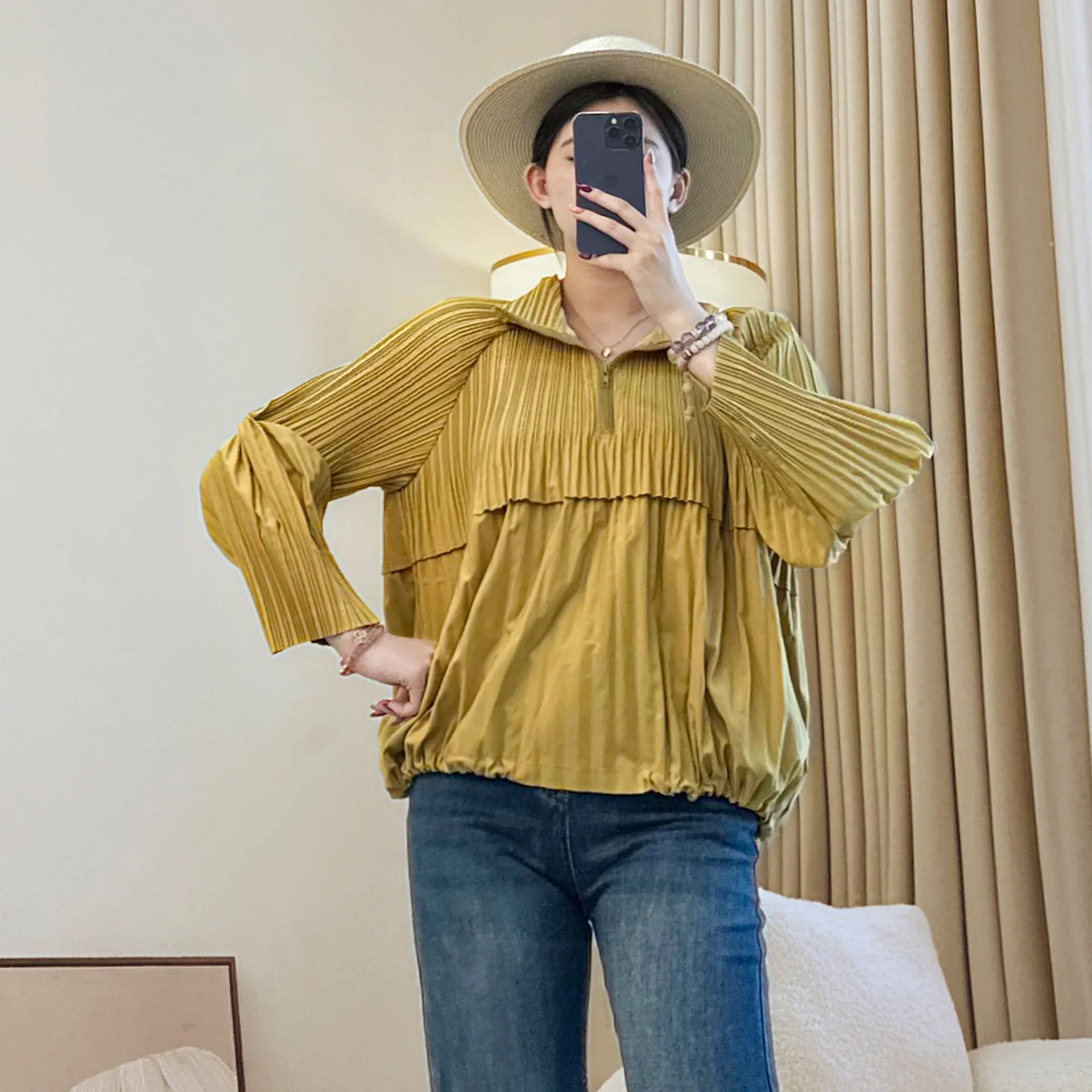 Miyake volants automne nouveau Style de sport haut de transport polyvalent veste pour femme veste courte à manches longues pull à fermeture éclair