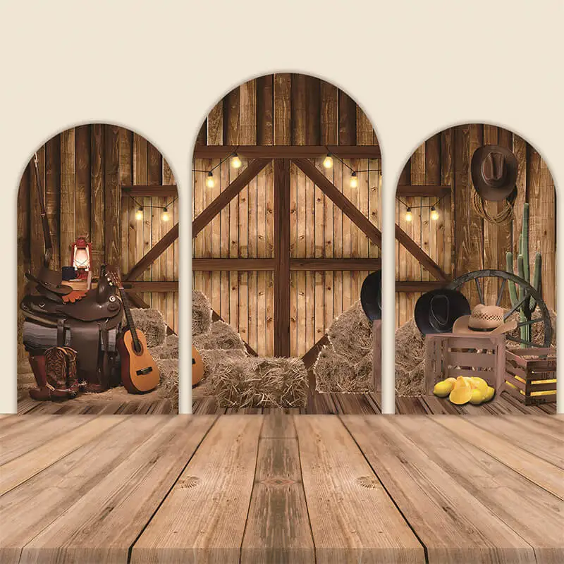 

Western Cowboy Arch Backdrop Cover Wild West Wooden House Barn Door Wall Vintage Kids Boy Baby Shower Birthday Party Supplies