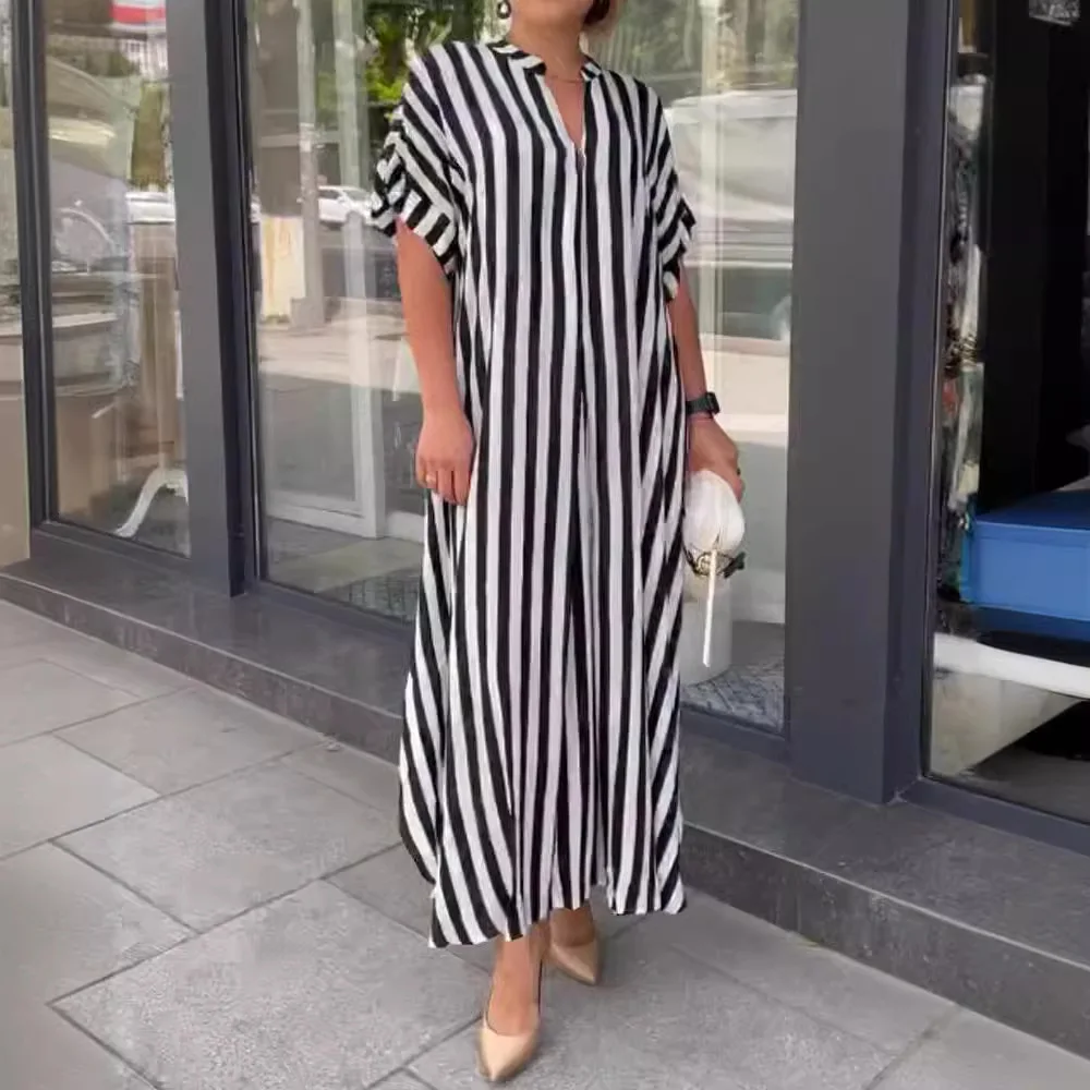 

2024 Independently Designed Striped Printed Cross-border Summer New Women's Long Slit Hem Dress