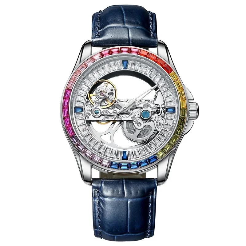 AILANG 8887 Men’s Skeleton Automatic Mechanical Watch, Colorful Gemstone Dial, Sports Style, Waterproof Wristwatch, Relogio Masc