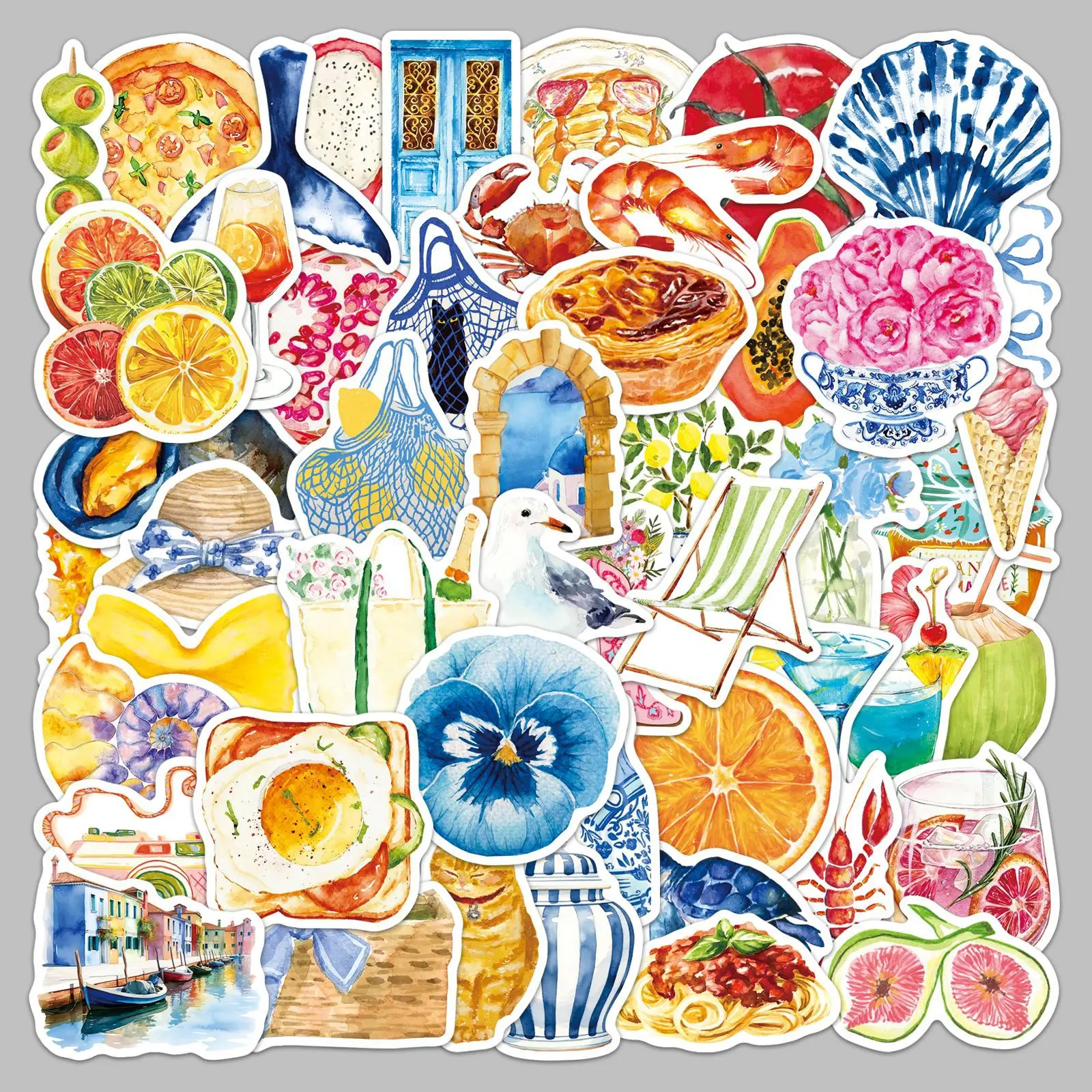 

50PCS Watercolor Mediterranean Life Stickers Aesthetic Italian Coastal Travel Decorative Diary iPad Waterproof Stickers Kids Toy