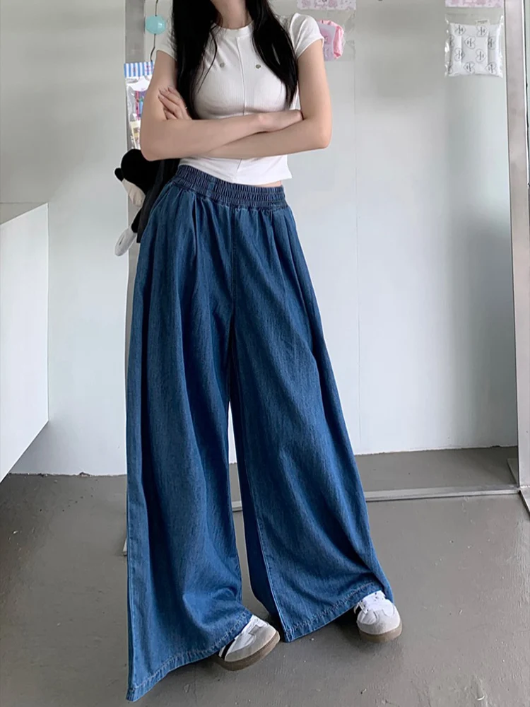 2024 Summer Fashion Denim Wide Pants Womens Loose Jeans Ladies Leisure Vintage Elastic Waist Trouser