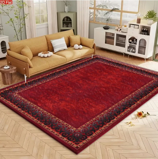 Vintage Distressed Red Border Carpet, Classic Large Area Rug, Suitable for Living Room and Bedroom Decor