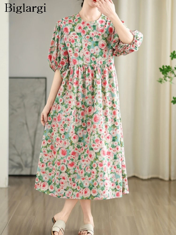 

Oversized Summer Flower Floral Print Dress Women Ruffle Pleated Loose Fashion Ladies Dresses Casual A-Line Woman Dress