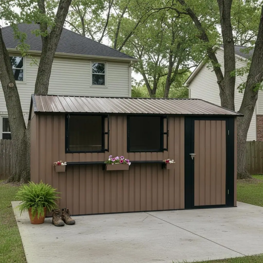 Heavy Duty Metal Outdoor Storage Shed Lockable Door 3 Windows Flower Rack Waterproof Backyard Patio, Customized