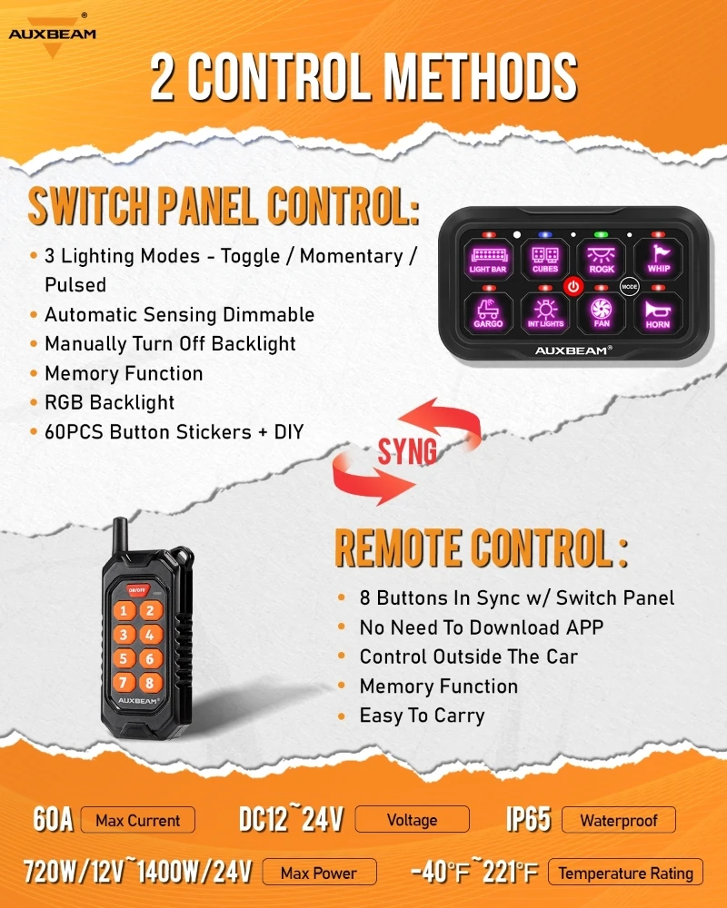 AUXBEAM RC-800 RGB 8 Gangs LED Switch Panel Universal LED Lights Electronic  On-Off Control Relays System with Remote Control