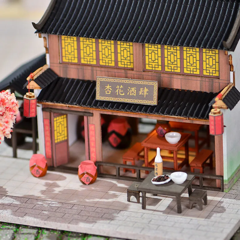 OUZEY 블라썸 와인 하우스 모델, 3D 목조 고대 건물, 청소년을 위한 중국 스타일 DIY