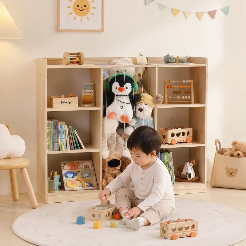 Solid Pine Toy Storage Box Montessori Bookshelf for Kids Room Game Furniture Organizer System