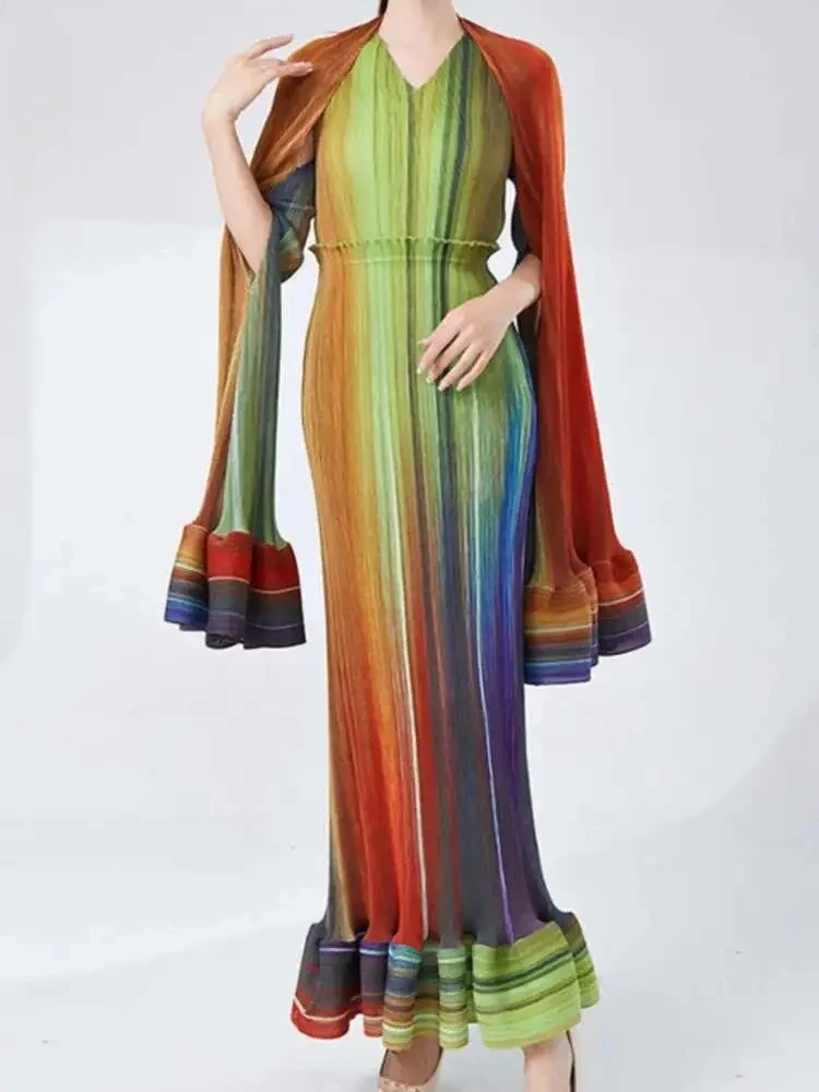ANLAN Gradient Pleated Maxi Dress For Women Fashion Design Gathered Waist Fold Hem Female Luxury Party Clothing 2AN4987