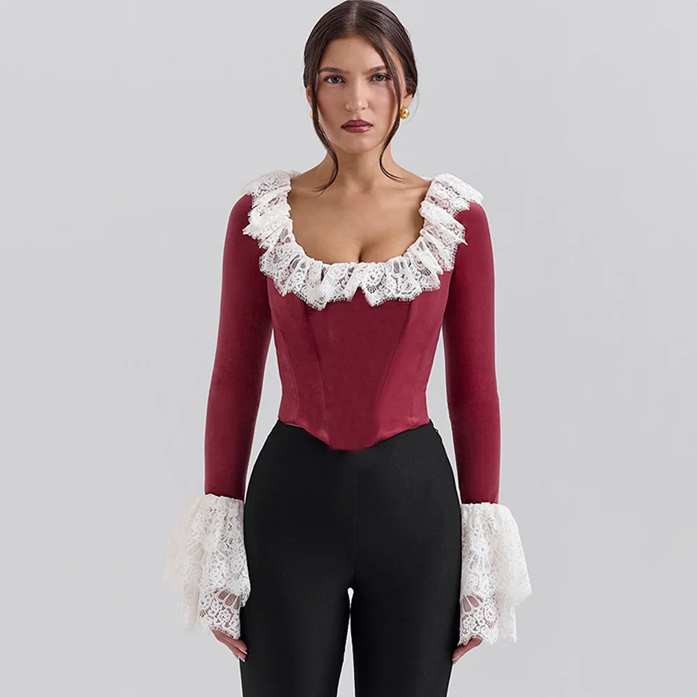 

Stylish and sexy splicing lace slim-fit T-shirt, new velvet flared sleeve top, sexy temperament elegant high-end clothing