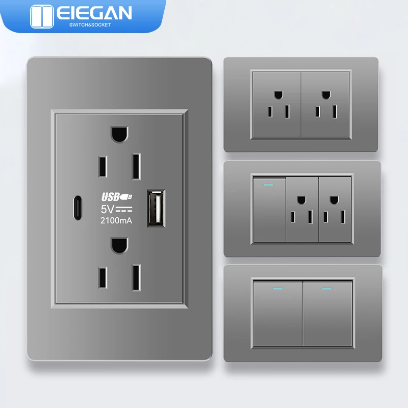 

ELEGAN Grey Flame retardant PC panel Thailand Standard Type C America Outlet Plug 118*72mm Wall Socket Light Switch Fast Charge