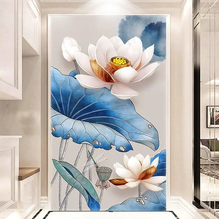 Handmade cross stitch cotton fabric finished lotus ink painting, living room vertical version, entrance scenery, Chinese style