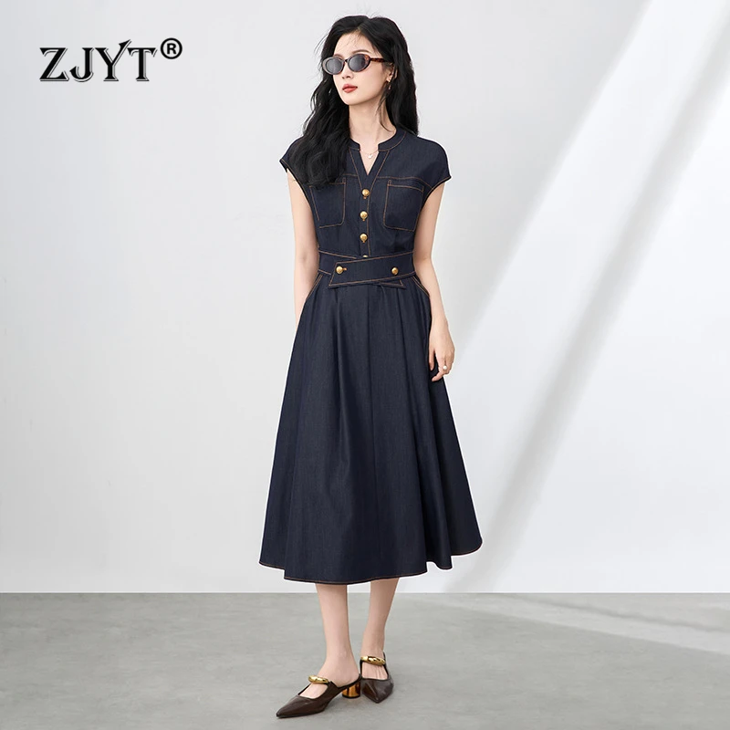 

ZJYT Summer Fashion Women Blue Denim Dress Vintage Single Breasted Elastic Wasit Casual Midi Dresses Female Clothing 2025 New