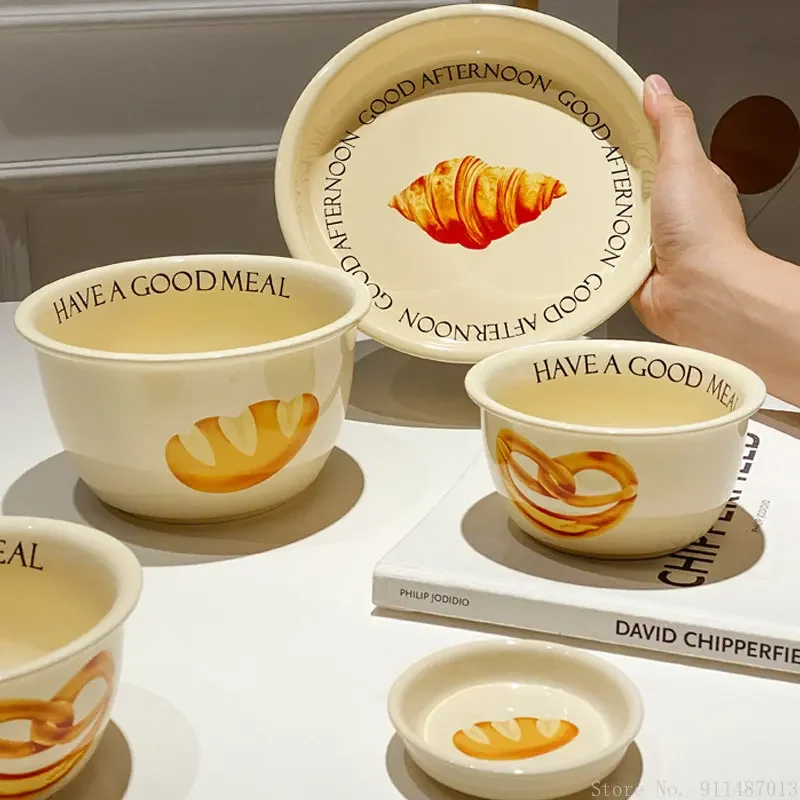 

Korean Vintage Cream Yellow Bread Cartoon Pattern Series Tableware, Ceramic Household Soup Plate, Salad Bowl, Dining Plates Sets