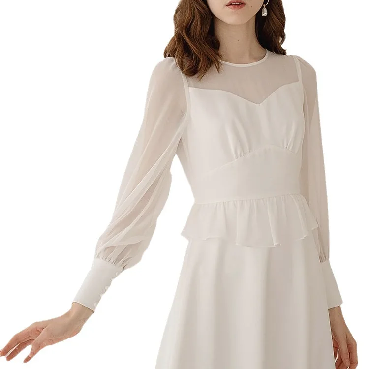 Korean-Style Light Wedding Dress Minimalist Long Sleeve round Neck Clinch Flat Waist Bride White Dinner Suit