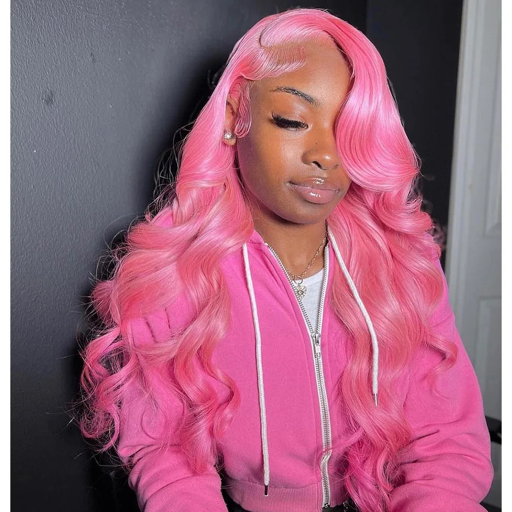 Linhua Hair Pink Colored Body Wave 13X6 Lace Frontal Wig 180% 613 Remy Brazilian 34 Inch 13X4 Transparent Lace Wigs Pre-plucked