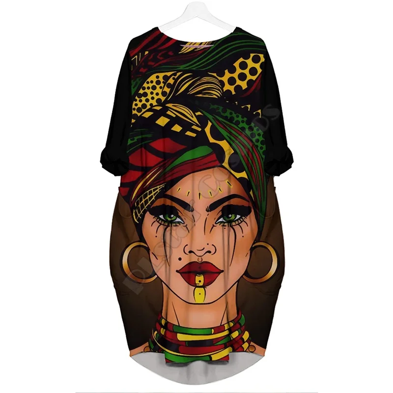 Beautiful Afro Woman 3D Pocket Dress  3D Printed  Batwing Pocket Dress Women's Pullover Oversized Female Dresses