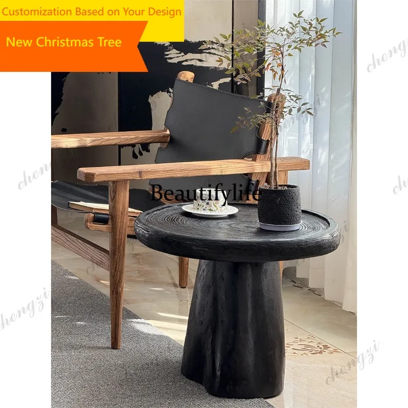 02A Medieval style solid wood coffee table black carbonized living room B & B library low table