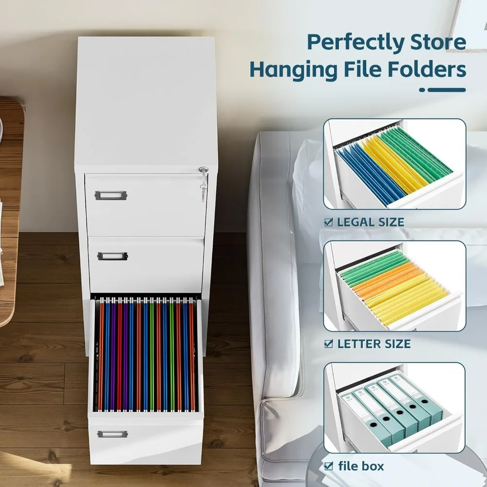 Vertical 3-Drawer White File Cabinet with Lock, Home Office Storage for Letter Legal Files and Folders