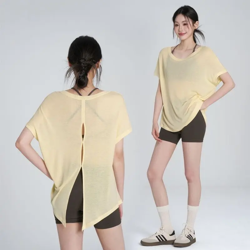 Loose Women's Short Sleeve T-Shirt Yoga Running Fitness Sport Hollow out Design Summer Dance V-neck Sleeveless Top