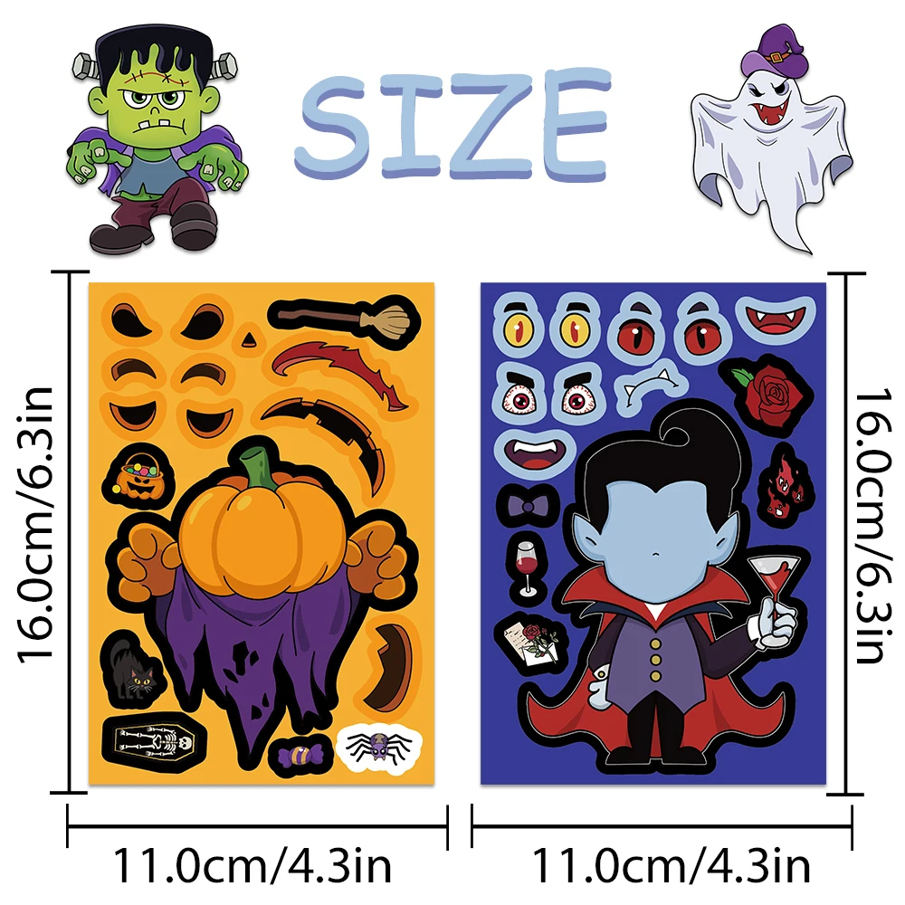 8Sheets Halloween Puzzle Sticker Cartoon Witch Ghost Assembly Decal DIY Notebook Guitar Fridge Luggage Party Decorative Sticker