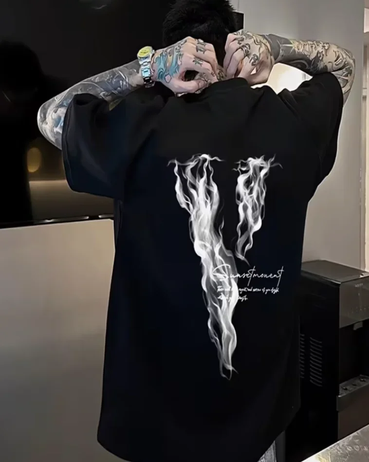 Men'S Casual Wear Edgy Streetwear Vibe Relaxed Oversized Silhouette Tee Reinforced Neckline Stitching Daily Base Layer & Outwear