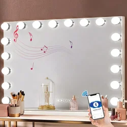 FENCHILIN Vanity Mirror For Makeup With Speaker Extra Large Hollywood Lighted Mirror With 18 Dimming LED Bulbs Smart Tabletop