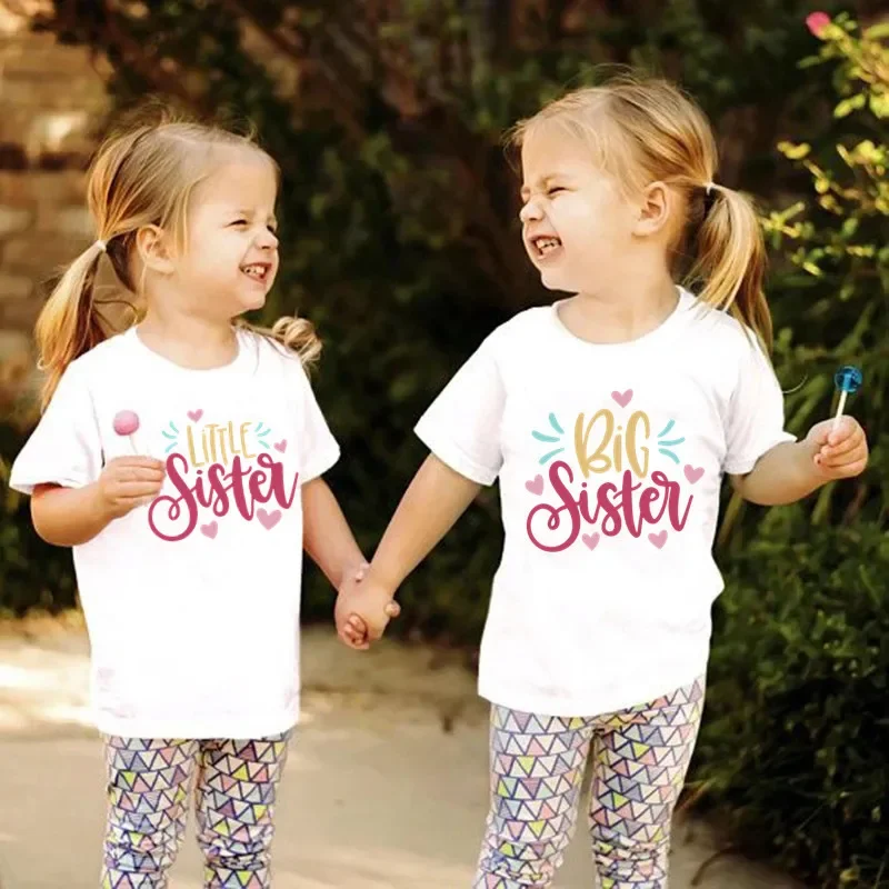 Big & Little Sister Matching T-shirt Round Neck Girl\'s White T-shirt Baby Girl Bodysuit Sister Matching Outfit Big Sis Lil Sis