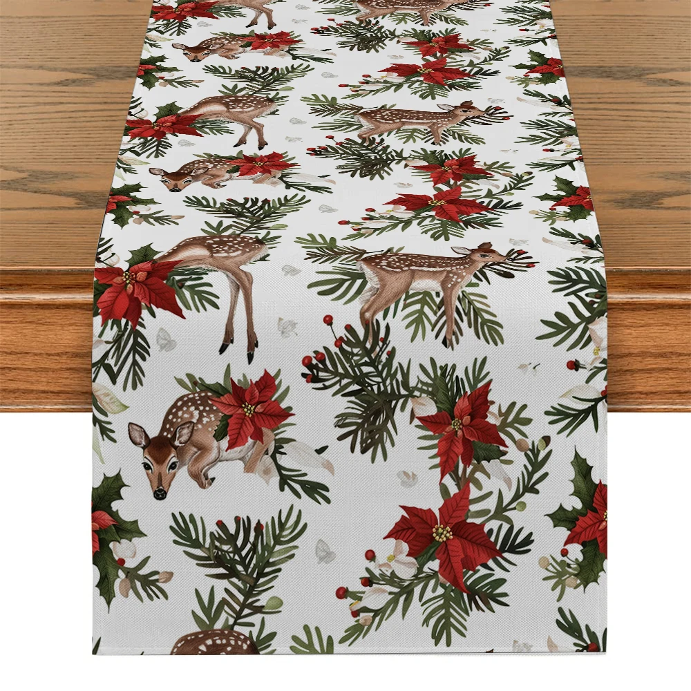 

Christmas Deer Plant Flowers Table Runner Wedding Decoration Cloth Dining Decor Coffee Table Runners Washable Dining Long Cloth