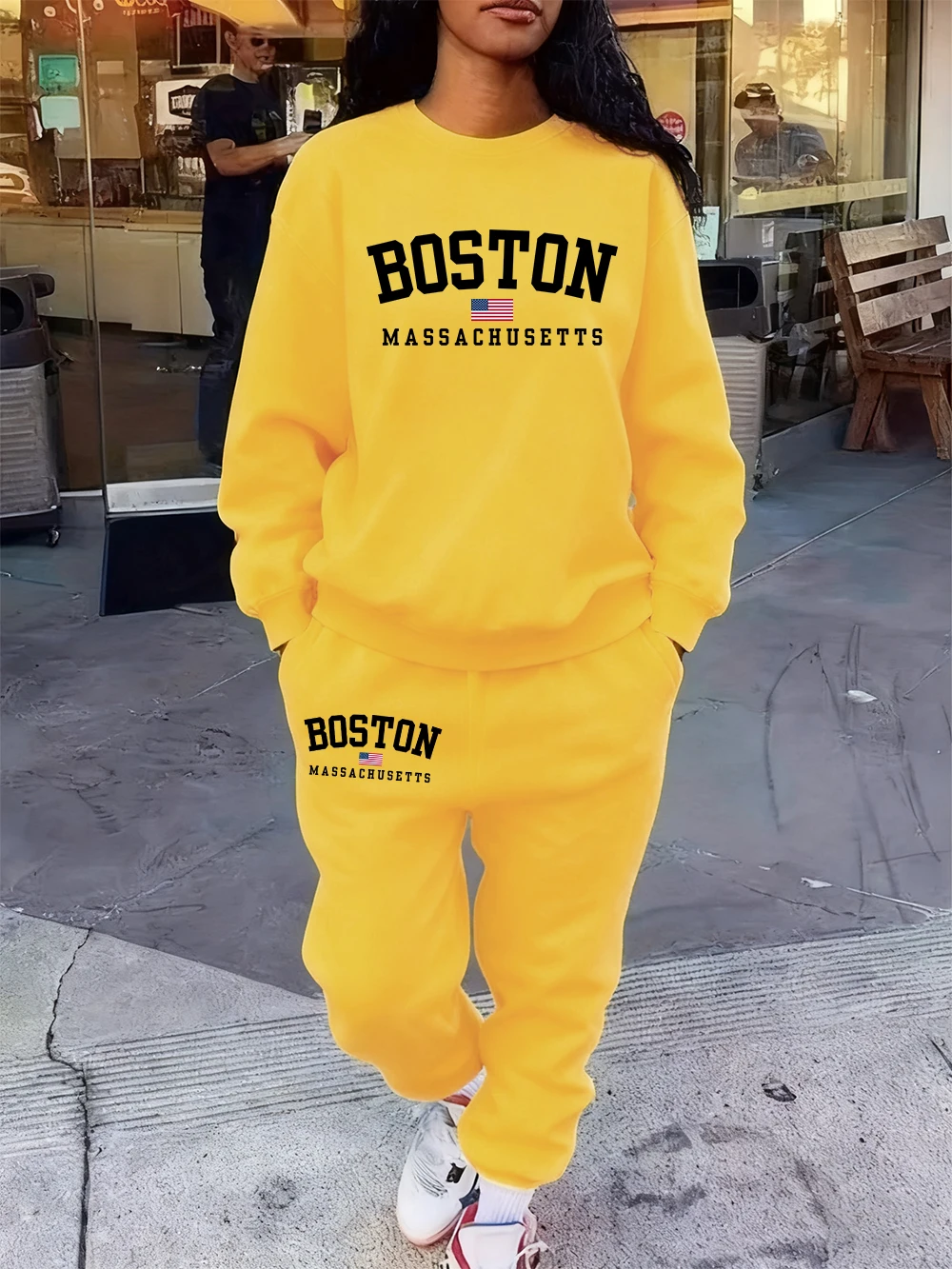 2-teiliges Hoodie-Set für Damen, Boston Massachusetts, bedruckt, Jogginghose, Tasche, lockeres Sweatshirt, Jogging-Outfits, Herbst-Fleece-Kleidung