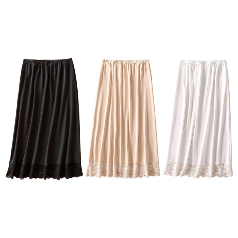 

Women Half Slip Long Underskirt Under Dresses Elastic Waist Lace Trim Long Petticoat Basic Solid Color A Line Long Skirt