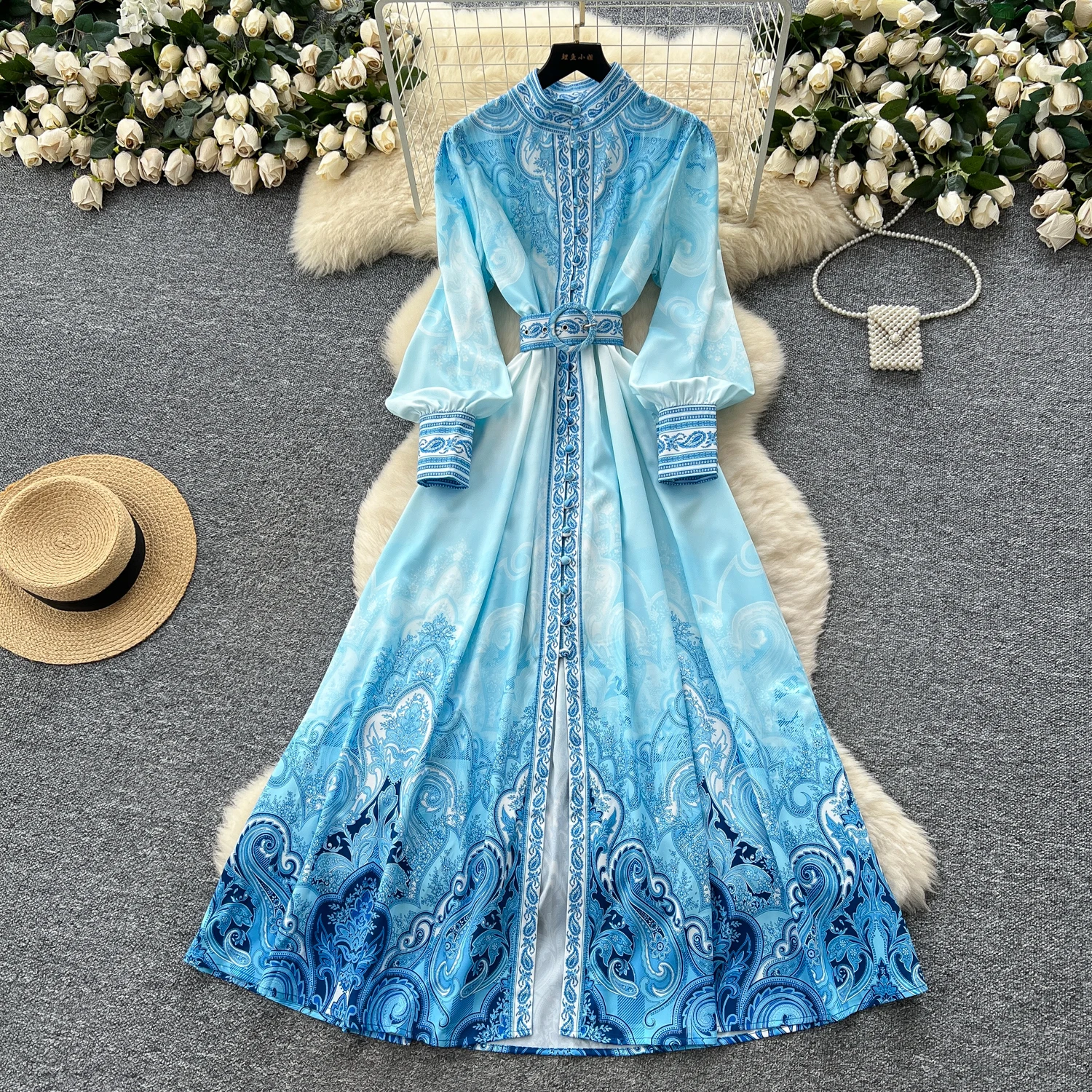 Chic vintage split long sleeve print slim Elegant Fairy korean fashion Boho Sundress women clothing Long dress