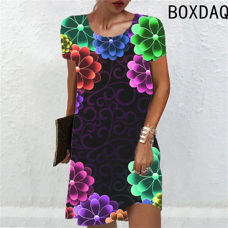 2024 Women Dress Fashion Summer Gradient Floral Pattern Short Sleeve Dress Casual 3D Print Loose A-Line Dress Street Wear Ladies