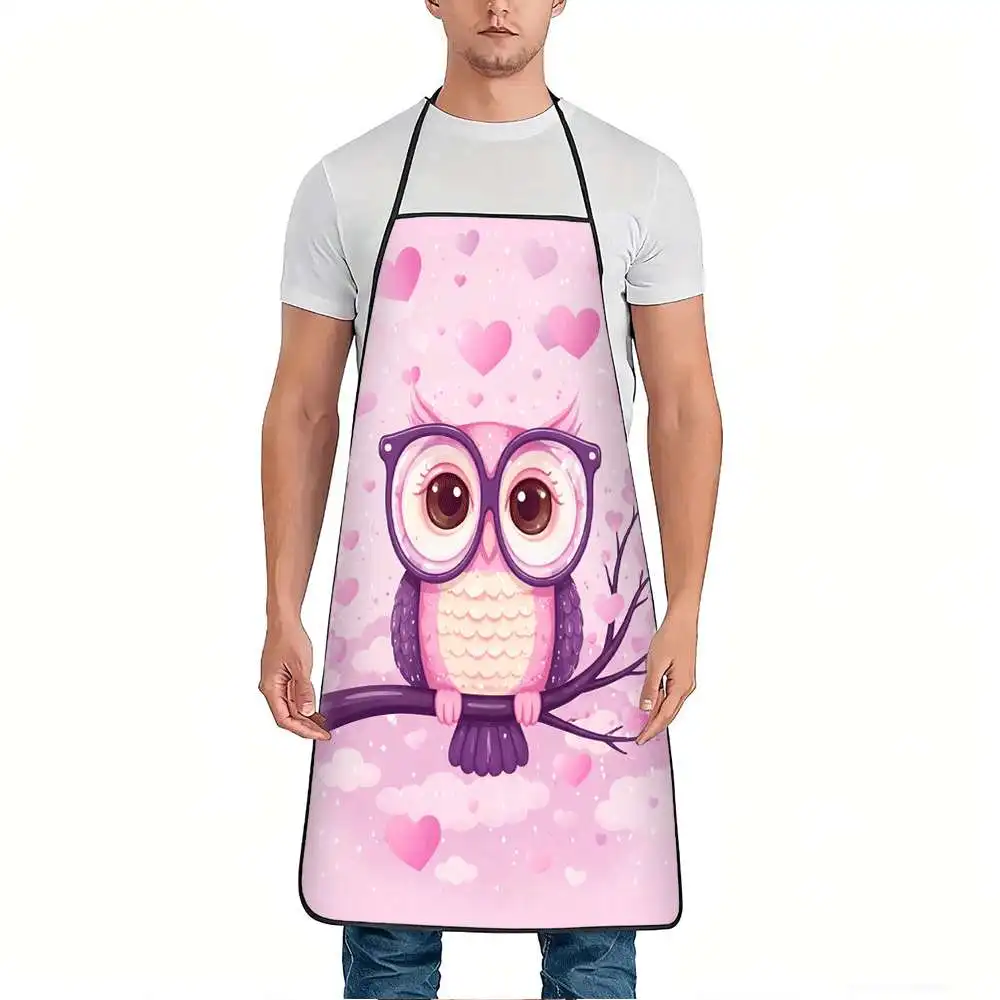 1pc Cute Pink Owl and Heart Print Apron, Durable and Easy to Clean, Adjustable Waistband, Polyester Material, for Kitchen Cookin