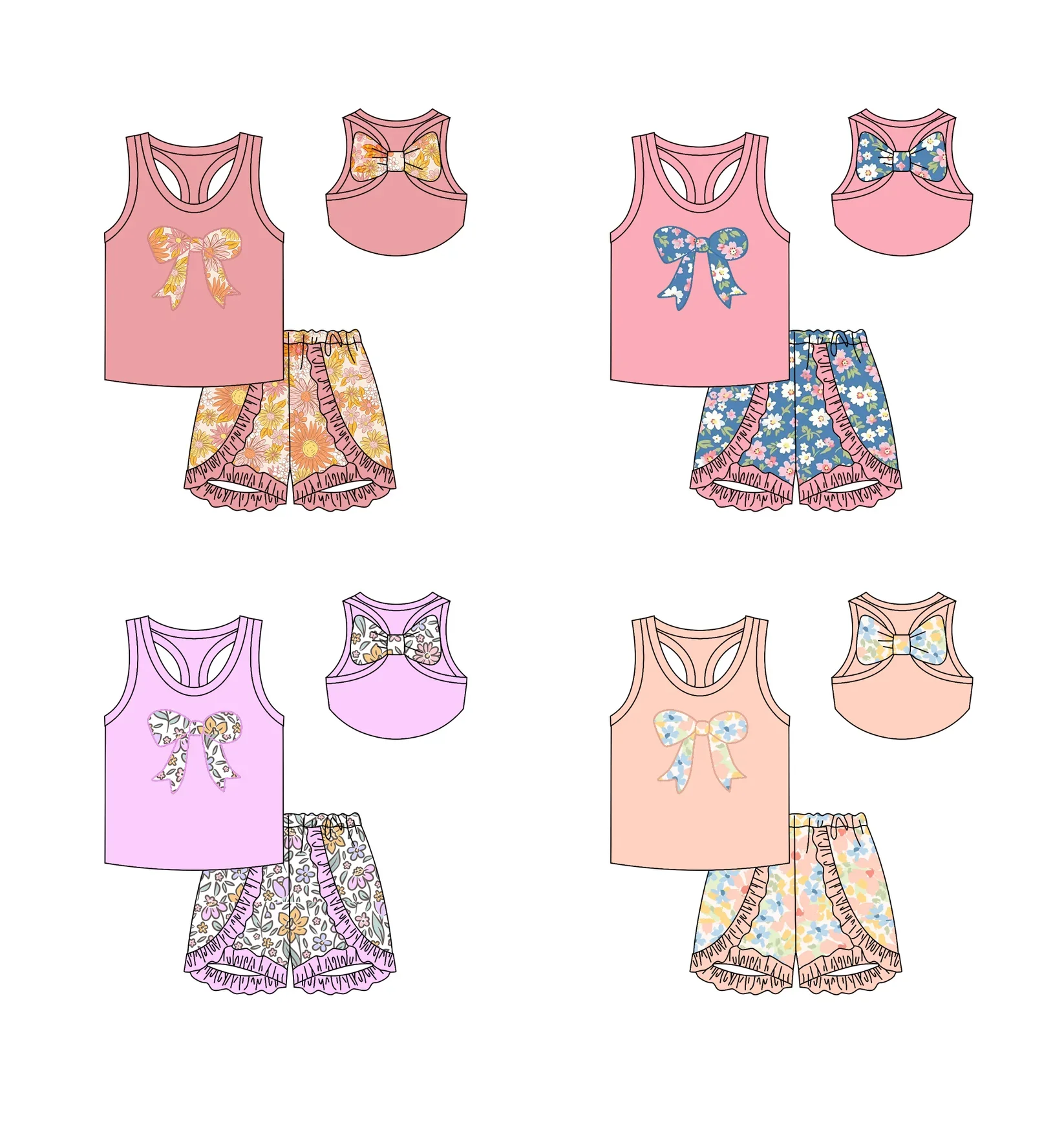 Latest style Boutique girls set Vest top paired with ruffled shorts bow decoration flower print custom wholesale