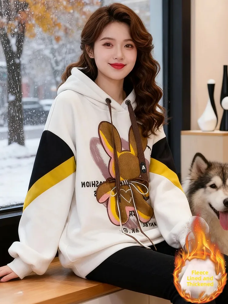 Thiened Fce Hoodie Women's Mid-Length Oversized Sweatirt Winter New Design Daily Wear Comfortable Soft Fabric Long Sve